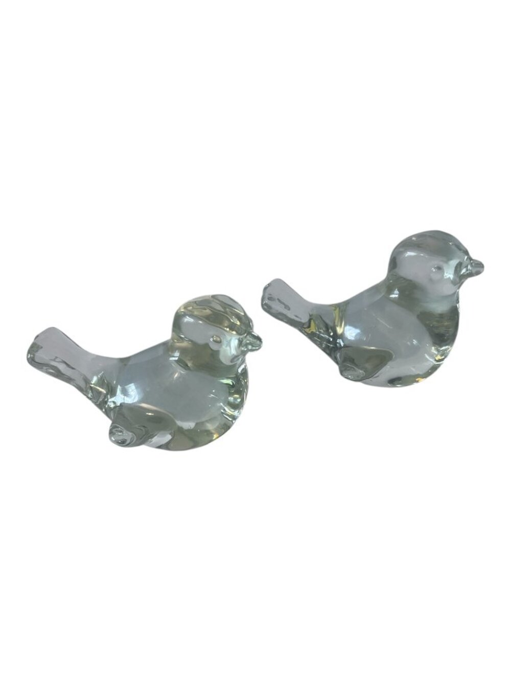 Pair Clear With Yellow Green Tint Art Glass Bird Figurines Small Birds 3 In